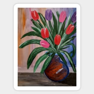 Tulips in a bronze and blue vase Sticker